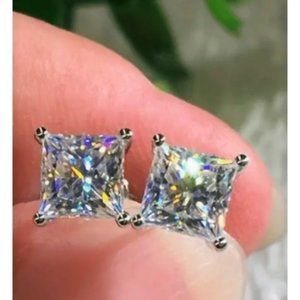 8MM CLEAR SQUARE FIRE CRYSTAL SILVER SCREW BACK STUD EARRINGS
